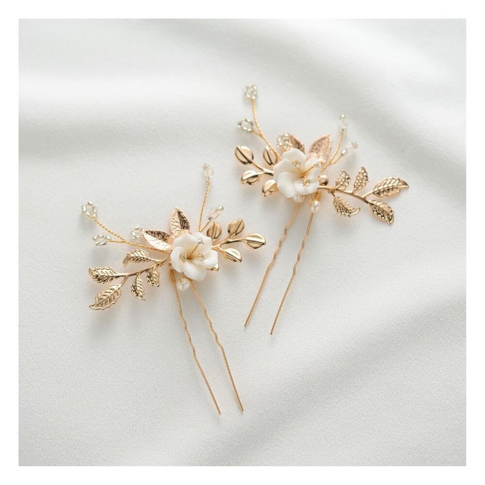 2pcs Bridal Hair Accessories Gold Wedding Hair Pins With White Flowers